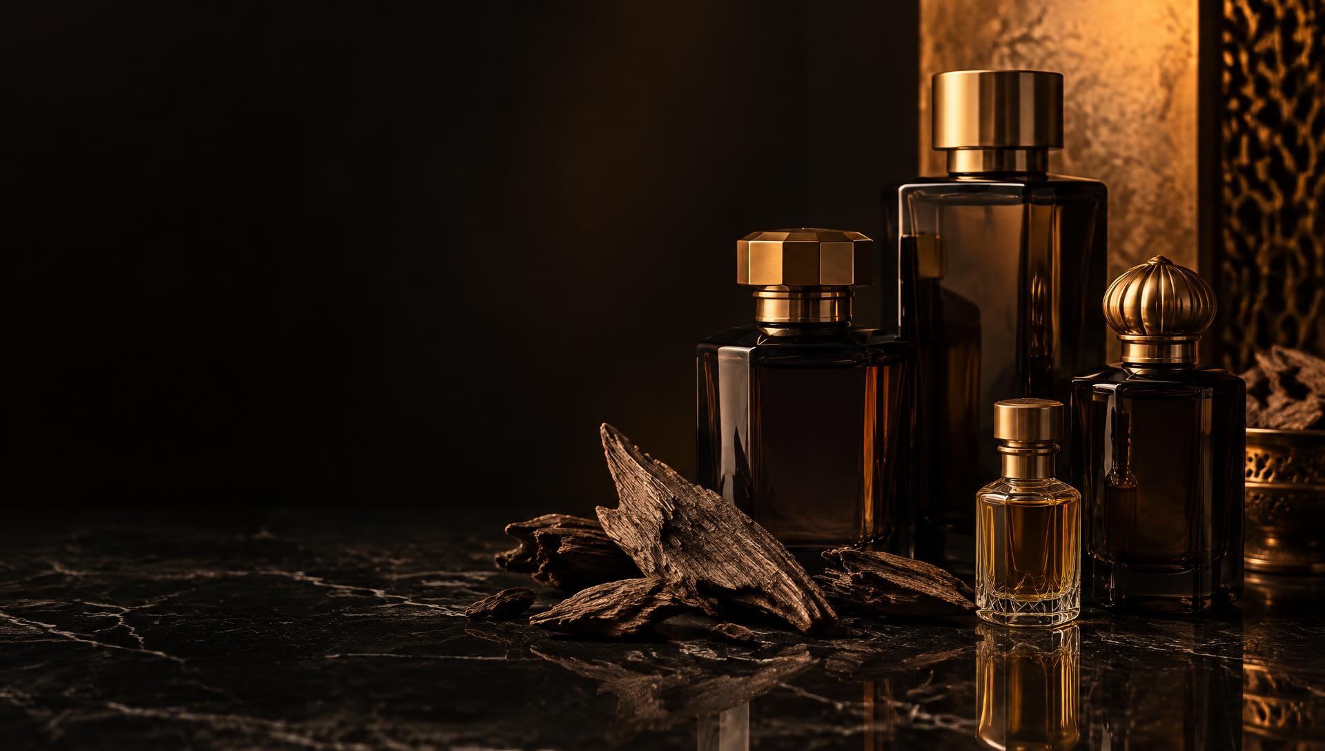 Arabian perfume bottles, attar oil, and natural oud wood